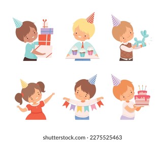 Cute kids in party hats celebrating Birthday set. Boys and girls holding gift boxes, cake and cupcakes cartoon vector illustration
