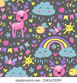 Cute kids pattern with animals, cloud, rainbow, berries and flowers, seamless baby background. Vector texture for kids textile.