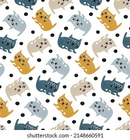 Cute kids pattern with cartoon cat in scandinavian style. Seamless nursery wallpaper. Hand drawn pet in gray blue, light brown, beige color on white background. Kind animals for baby's fabric, apparel