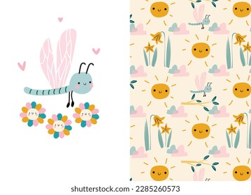 Cute kids pattern with dragonfly and flowers. Seamless background, and baby  greeting card. Vector texture for kids bedding, fabric, wallpaper, wrapping paper, textile, t-shirt