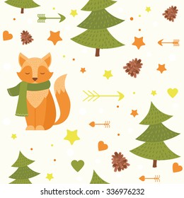 Cute kids pattern with fox in the forest. Seamless pattern for children. Vector background