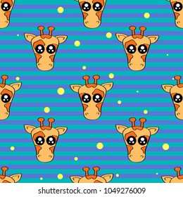 Cute kids pattern for girls and boys. Colorful giraffe on the abstract background create a fun cartoon drawing. The background is made in pastel colors. Urban backdrop for textile and fabric.