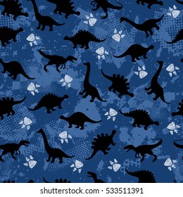 Cute kids pattern for girls and boys. Colorful dinosaurs on the abstract grunge background create a fun cartoon drawing. The background is made in neon colors.  Urban backdrop for textile and fabric.