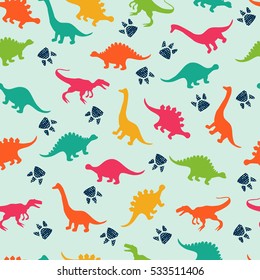 Cute kids pattern for girls and boys. Colorful dinosaurs on the abstract grunge background create a fun cartoon drawing. The background is made in neon colors. Urban backdrop for textile and fabric.