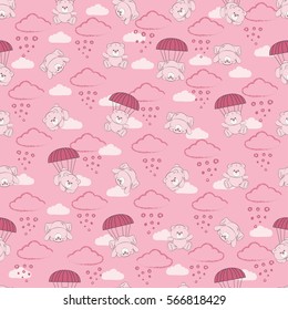 Cute kids pattern for girls and boys. Colorful bears on the abstract grunge background create a fun cartoon drawing. The background is made in neon colors. Urban backdrop for textile and fabric.  