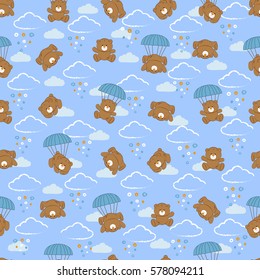 Cute kids pattern for girls and boys. Colorful bears on the abstract grunge background create a fun cartoon drawing. The background is made in neon colors. Urban backdrop for textile and fabric. 
