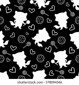 Cute kids pattern for girls and boys. Colorful raccoon on the abstract grunge background create a fun cartoon drawing. The background is made in neon colors. Urban backdrop for textile and fabric.