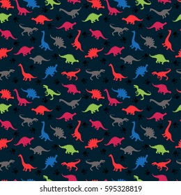 Cute kids pattern for girls and boys. Colorful dinosaurs on the abstract grunge background create a fun cartoon drawing. The background is made in neon colors. Urban backdrop for textile and fabric.