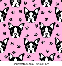 Cute kids pattern for girls and boys. Colorful dogs, Bulldog on the abstract grunge background create a fun cartoon drawing.The background is made in pink colors.Urban backdrop for textile and fabric