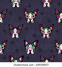 Cute kids pattern for girls and boys. Colorful dogs, Bulldog on the abstract grunge background create a fun cartoon drawing.The background is made in dark colors.Urban backdrop for textile and fabric