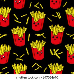 Cute kids pattern for girls and boys. Colorful french fries on the abstract grunge background create a fun cartoon drawing.The background is made in black colors.Urban backdrop for textile and fabric.