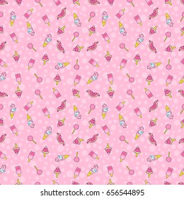 Cute kids pattern for girls and boys. Colorful ice cream on the abstract grunge background create a fun cartoon drawing. The background is made in neon colors. Urban backdrop for textile and fabric.