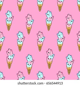 Cute kids pattern for girls and boys. Colorful ice cream on the abstract grunge background create a fun cartoon drawing. The background is made in neon colors. Urban backdrop for textile and fabric.