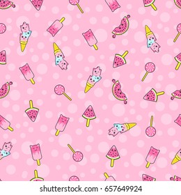Cute kids pattern for girls and boys. Colorful ice cream on the abstract grunge background create a fun cartoon drawing. The background is made in neon colors. Urban backdrop for textile and fabric.