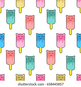 Cute kids pattern for girls and boys. Colorful ice cream on the abstract grunge background create a fun cartoon drawing. The background is made in neon colors. Urban backdrop for textile and fabric.