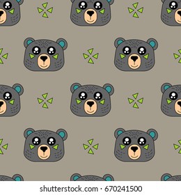 Cute kids pattern for girls and boys. Colorful bear, triangle on the abstract  background create a fun cartoon drawing. The background is made in pastel colors. Urban backdrop for textile and fabric.