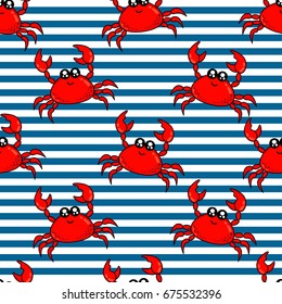 Cute kids pattern for girls and boys. Colorful crab on the abstract  background create a fun cartoon drawing. The background is made in pastel colors. Urban backdrop for textile and fabric.