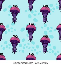 Cute kids pattern for girls and boys. Colorful jellyfish on the abstract  background create a fun cartoon drawing. The background is made in pastel colors. Urban backdrop for textile and fabric.