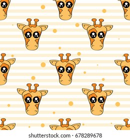 Cute kids pattern for girls and boys. Colorful giraffe on the abstract background create a fun cartoon drawing. The background is made in pastel colors. Urban backdrop for textile and fabric.