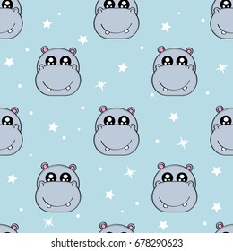 Cute kids pattern for girls and boys. Colorful hippo, stars on the abstract background create a fun cartoon drawing. The background is made in pastel colors. Urban backdrop for textile and fabric.