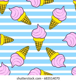 Cute kids pattern for girls and boys. Colorful ice cream on the abstract grunge background create a fun cartoon drawing. The background is made in neon colors. Urban backdrop for textile and fabric.