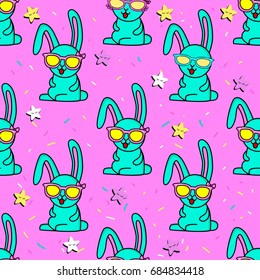 Cute kids pattern for girls and boys. Colorful rabbit, stars on the abstract bright background create a fun cartoon drawing.The background is made in colors.Urban backdrop for textile and fabric