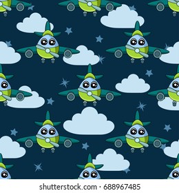 Cute kids pattern for girls and boys. Colorful aircraft on the abstract bright background create a fun cartoon drawing.The background is made in blue colors.Urban backdrop for textile and fabric