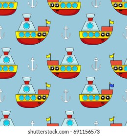 Cute kids pattern for girls and boys. Colorful ship on the abstract bright background create a fun cartoon drawing.The background is made in blue colors.Backdrop for textile and fabric