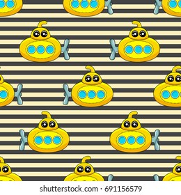 Cute kids pattern for girls and boys. Colorful submarine on the abstract bright background create a fun cartoon drawing.The background is made in white colors.Urban backdrop for textile and fabric