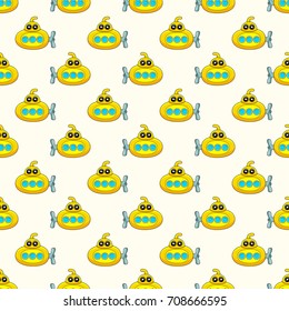 Cute kids pattern for girls and boys. Colorful submarine on the abstract bright background create a fun cartoon drawing.The background is made in white color. Urban backdrop for textile and fabric.