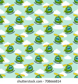 Cute kids pattern for girls and boys. Colorful helicopter on the abstract bright background create a fun cartoon drawing. The background is made in colors. Urban backdrop for textile and fabric.