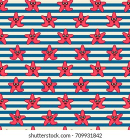 Cute kids pattern for girls and boys. Colorful starfish on the abstract background create a fun cartoon drawing. The background is made in pastel colors. Urban backdrop for textile and fabric.