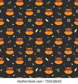 Cute kids pattern for girls and boys. Colorful squirrel on the abstract background create a fun cartoon drawing. The background is made in pastel colors. Urban backdrop for textile and fabric.