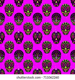 Cute kids pattern for girls and boys. Colorful skull, eyes on the abstract grunge background create a fun cartoon drawing.The background is made in red colors.Urban backdrop for textile and fabric