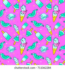 Cute kids pattern for girls and boys. Colorful ice cream on the abstract grunge background create a fun cartoon drawing. The background is made in neon colors. Urban backdrop for textile and fabric.