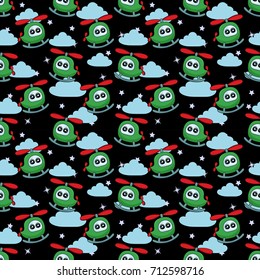 Cute kids pattern for girls and boys. Colorful helicopter on the abstract bright background create a fun cartoon drawing.The background is made in colors.Urban backdrop for textile and fabric
