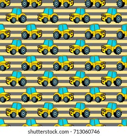Cute kids pattern for girls and boys. Colorful car, tractor on the abstract bright background create a fun cartoon drawing.The background is made in blue colors.Urban backdrop for textile and fabric