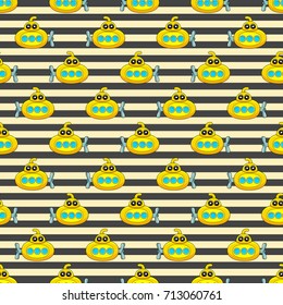 Cute kids pattern for girls and boys. Colorful submarine on the abstract bright background create a fun cartoon drawing.The background is made in white colors.Urban backdrop for textile and fabric