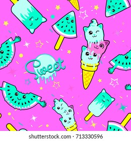 Cute kids pattern for girls and boys. Colorful ice cream on the abstract grunge background create a fun cartoon drawing. The background is made in neon colors. Urban backdrop for textile and fabric.