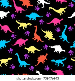 Cute kids pattern for girls and boys. Colorful dinosaurs on the abstract grunge background create a fun cartoon drawing. The background is made in neon colors. Urban backdrop for textile and fabric.