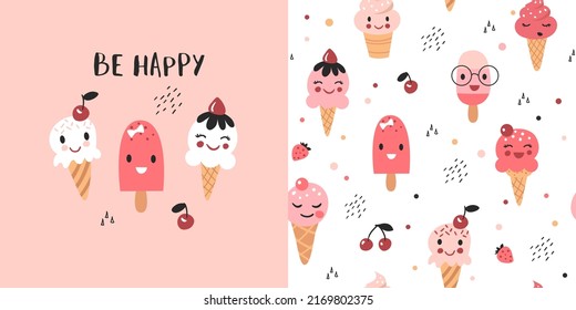 Patrón de niños con helados, fondo sin costuras y huella de bebé. Textura vectorial para ropa de cama, tela, papel de pared, papel de envoltura, textiles, camiseta