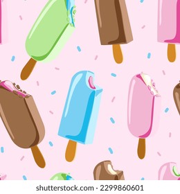 Cute kids pattern with ice creams, seamless background, and baby print. Vector texture for kids bedding, fabric, wallpaper, wrapping paper, textile, t-shirt.