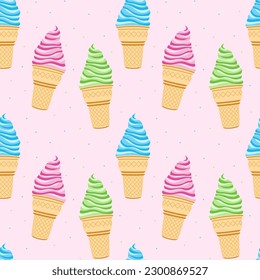 Cute kids pattern with ice creams, seamless background, and baby print. Vector texture for kids bedding, fabric, wallpaper, wrapping paper, textile, t-shirt.