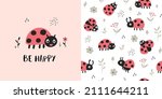 Cute kids pattern with ladybugs, seamless background, and baby shower greeting card. Vector texture for kids bedding, fabric, wallpaper, wrapping paper, textile, t-shirt