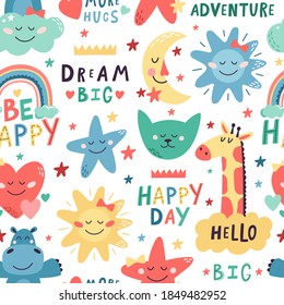 Cute kids pattern. Seamless hand drawn cute animals, moon and stars backdrop. Nursery creative decoration vector background illustration. Childish design with cat, giraffe and hippopotamus