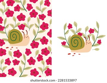 Cute kids pattern with snail, seamless background, and baby shower greeting card. Vector texture for kids bedding, fabric, wallpaper, wrapping paper, textile, t-shirt