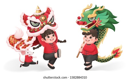 Cute Kids Performing Lion And Dragon Dance On White Background