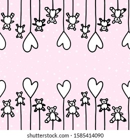 Cute kids pink seamless pattern with lollipops bears and hearts in doodle style. Love day baby pastel background. Vector hand drawn illustration. Design textile, fabric, wallpaper, wrapping paper.