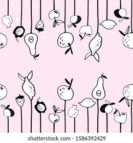 Cute kids pink seamless pattern with lollipops fruits lemon, mandarin, pear,apple,peach,garnet, strawberry in doodle style. Pastel background. Vector hand drawn illustration. Design textile,wallpaper.