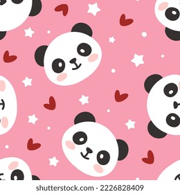 Cute kids pink seamless pattern design with panda face, red hearts and dots. Kawaii pajama print, fabric and textile. 